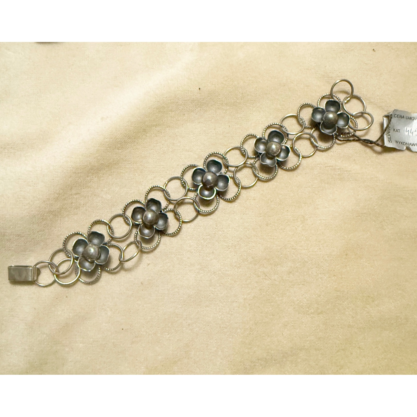 Orno Warszawa Sterling Silver 925 Floral Bracelet Vtg Polish Modernist Tag 8"